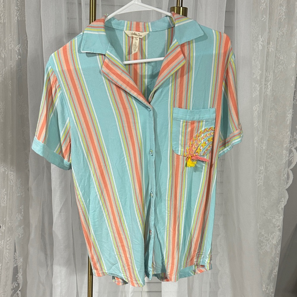 Matilda Jane Aqua and Multicolor Striped Shirt